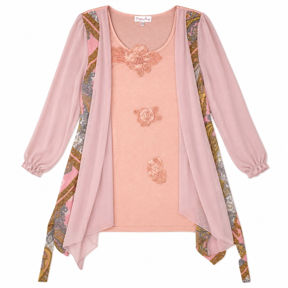 Pretty Angel Layered Tunic Top Women L Pink Floral Paisley Fairycore Boho Whimsy